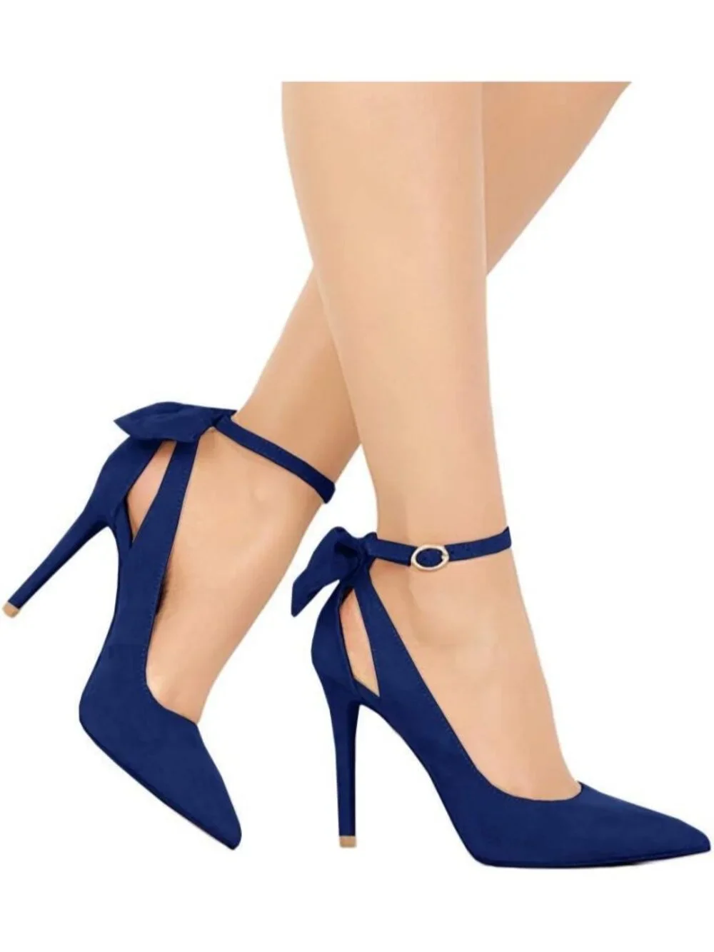 Women's Navy Pointed Toe High Heels Ankle Strap Sexy Bowtie Back Dress Sandals